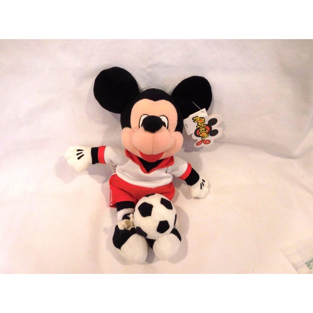 DISNEY STORE Plush Bean's SOCCER MICKEY with Red Uniform & Sewn Eyes
